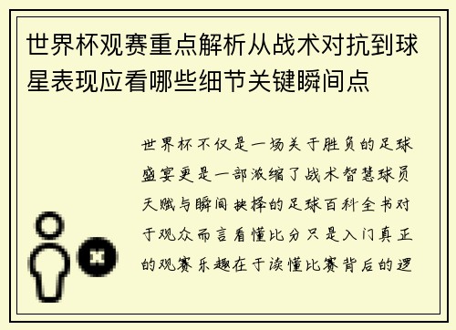世界杯观赛重点解析从战术对抗到球星表现应看哪些细节关键瞬间点
